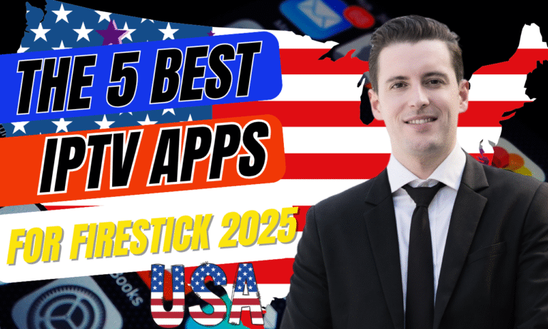 Smiling businessman in front of USA map and flag background promoting the 5 best IPTV apps for Firestick 2025