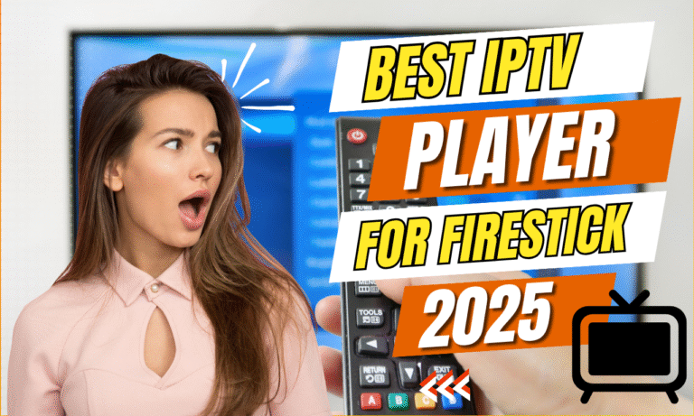 Woman surprised while holding a remote, with a headline that says "Best IPTV Player for Firestick 2025"