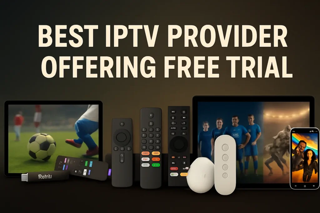 Various IPTV devices and remotes showing best IPTV providers offering free trials.