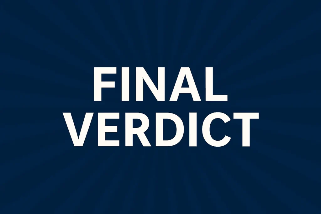 Bold white text "Final Verdict" on a dark blue background with subtle radial lines.