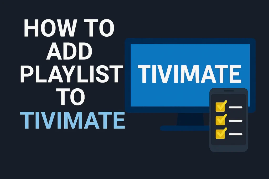 Step-by-step guide graphic on adding a playlist to TiviMate IPTV player.