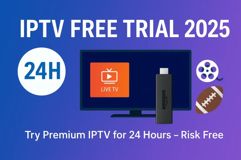 Promotional banner offering IPTV free trial for 2025 with TV and Firestick.