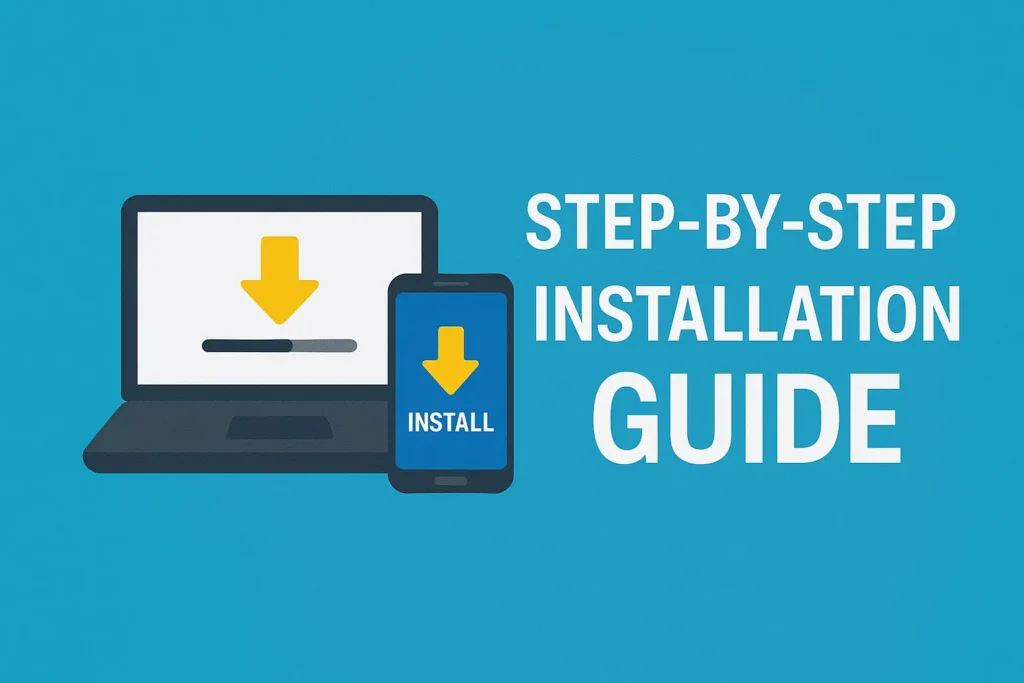 Laptop and smartphone showing download and install icons for IPTV Smarters setup.