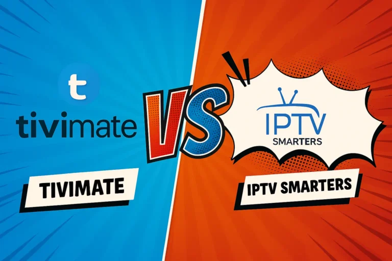 TiviMate vs IPTV Smarters visual comparison in comic-style design