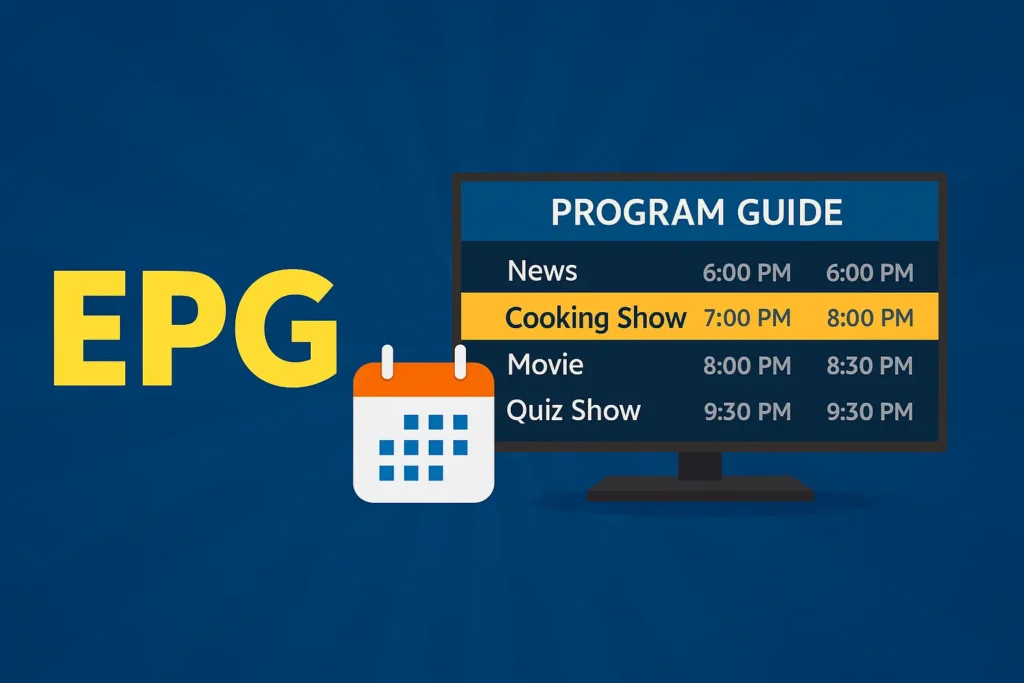 TV with a program guide listing and an EPG icon with a calendar