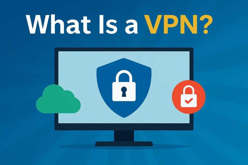Simple visual explaining what a VPN is, with lock icons and a secure network illustration.