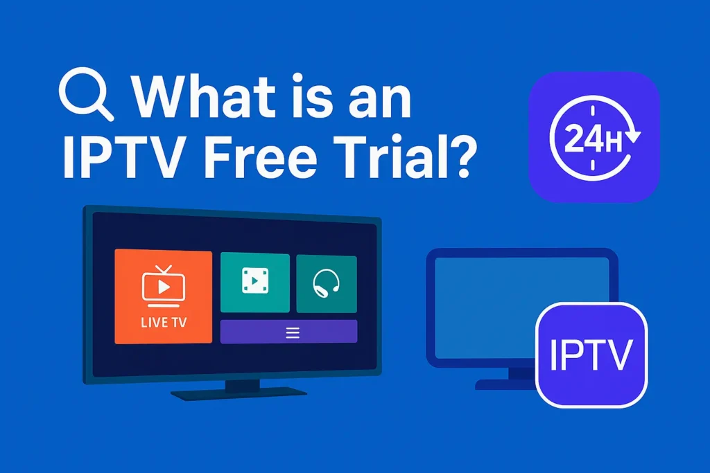 TV screens with IPTV icons illustrating what an IPTV free trial is.